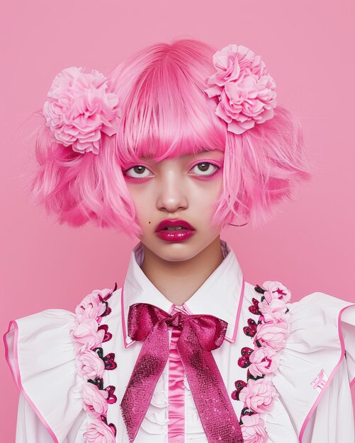 Photo a girl with pink hair and a bow in her hair