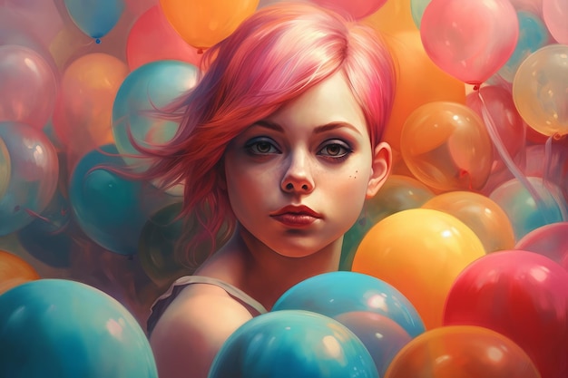 A girl with pink hair and a bunch of balloons