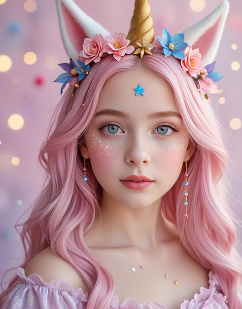 Photo a girl with pink hair and a crown of flowers on her head