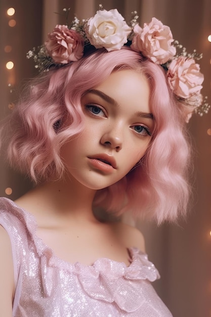 A girl with pink hair and a flower crown