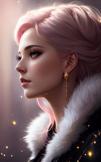 A girl with pink hair and a fur coat