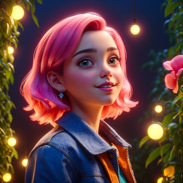 Girl with pink hair and glowing lights around generated by AI