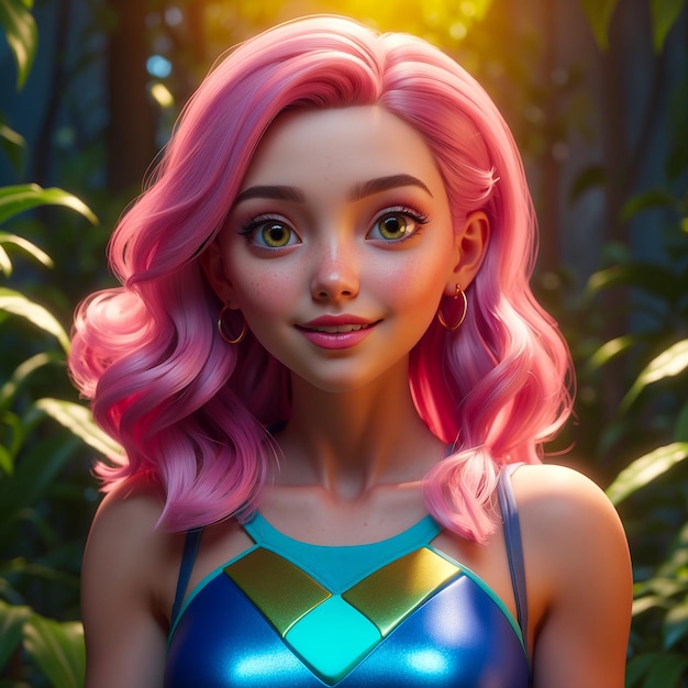 Girl with pink hair and green top smiling brightly generated by AI