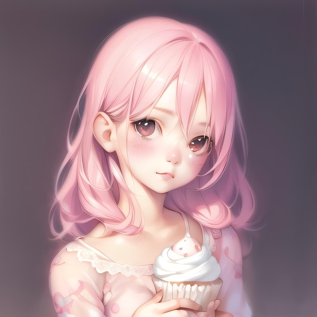 A girl with pink hair holding a cupcake in her hand.