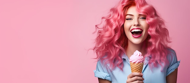 Girl with pink hair holding a large ice cream cone smiling on a pink background food concept