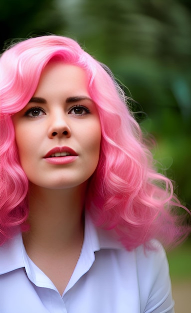 A girl with pink hair is looking up.