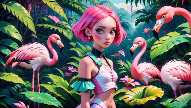 Girl with pink hair and pink dress stands in the jungle surrounded by exotic plants and flamingo