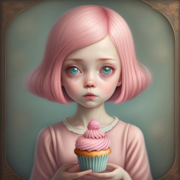 A girl with pink hair and pink eyes holds a cupcake.