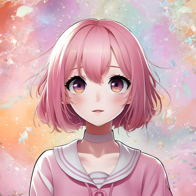 a girl with pink hair and a pink sweater is standing in front of a colorful background