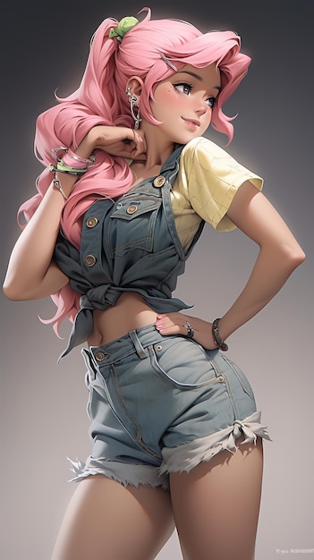 A girl with pink hair poses in a studio