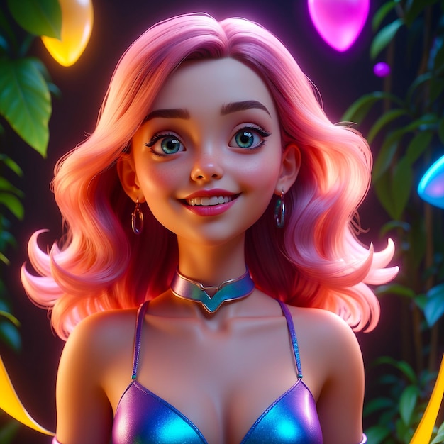 Girl with pink hair in shiny blue dress generated by AI