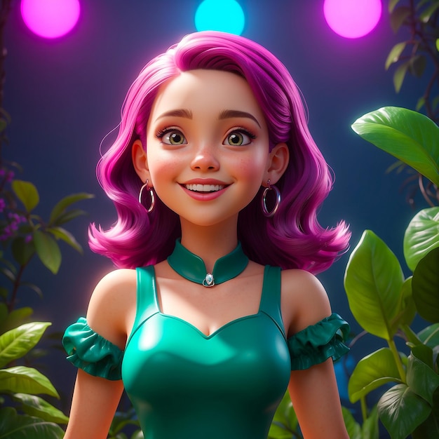 Girl with pink hair smiling in colorful lights generated by AI