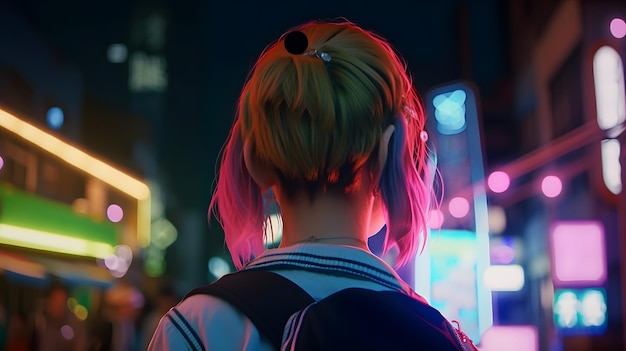 A girl with pink hair stands in front of a neon sign that says'neon '