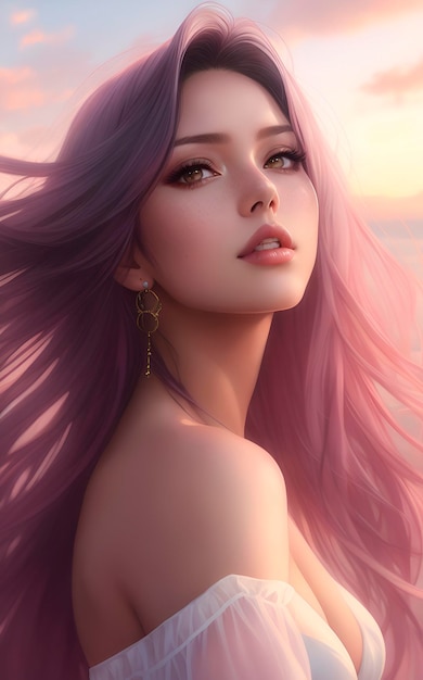 A girl with pink hair and a sunset in the background