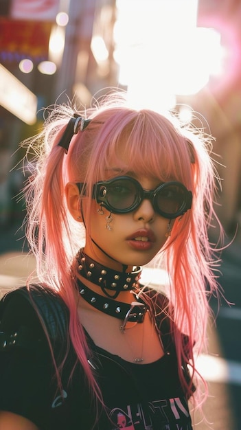 Photo a girl with pink hair wearing sunglasses and a choke