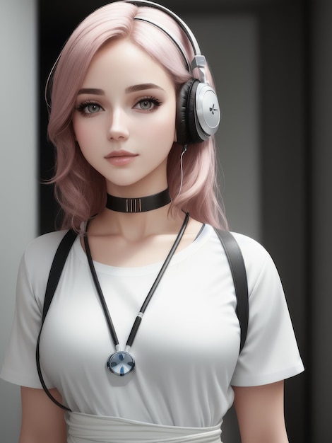 A girl with pink hair and a white shirt with a black strap that says'i love you '