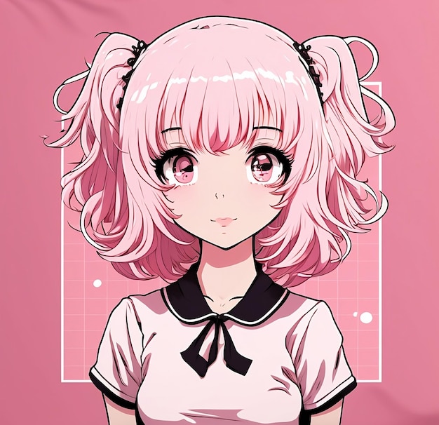 A girl with pink hair and a white shirt with the word hello on it