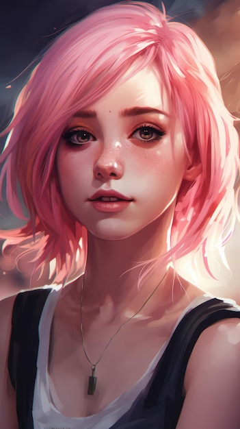 A girl with pink hair and a white tank top