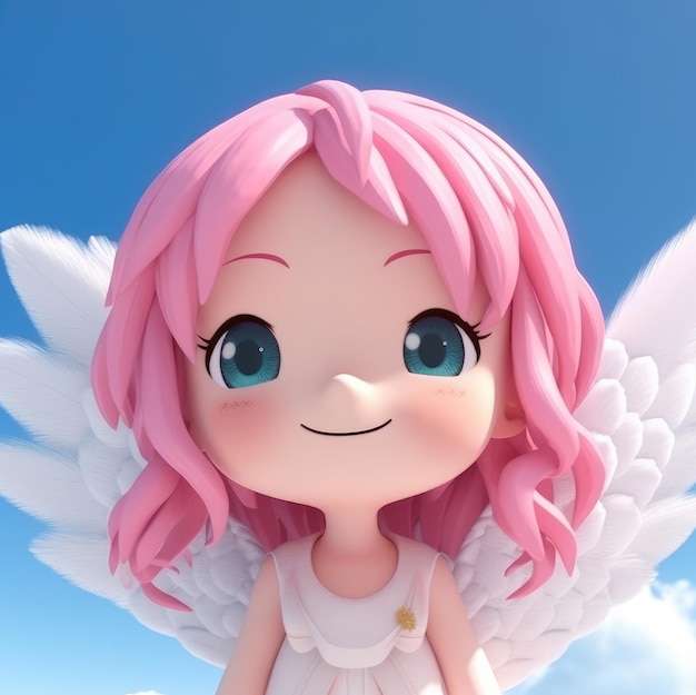 A girl with pink hair and white wings is standing in front of a blue sky.