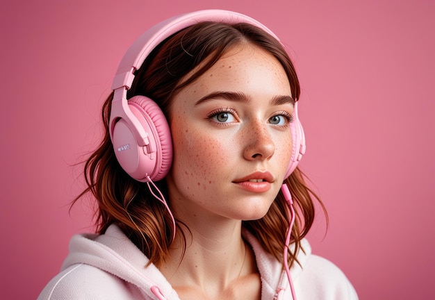 Photo a girl with pink headphones on her head is wearing a pink headphones