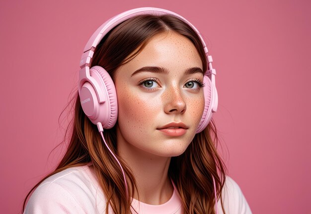 a girl with pink headphones on her head