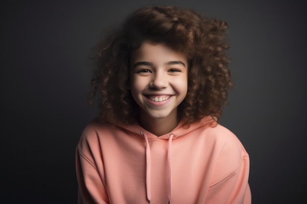 A girl with a pink hoodie smiles at the camera.