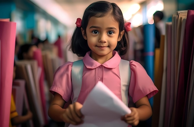 A girl with a pink shirt and a paper in her hands