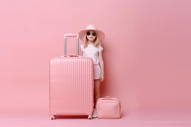 A girl with a pink suitcase stands next to a pink background.