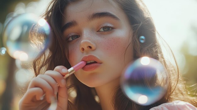 Photo a girl with a pink toothbrush in her mouth and her nose is blowing bubbles