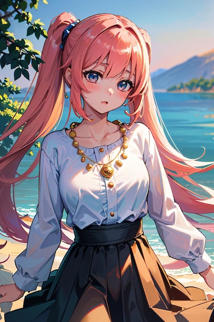 girl with pink twintails in the beach