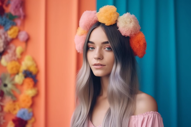 A girl with a pom pom headband stands in front of a colorful wall