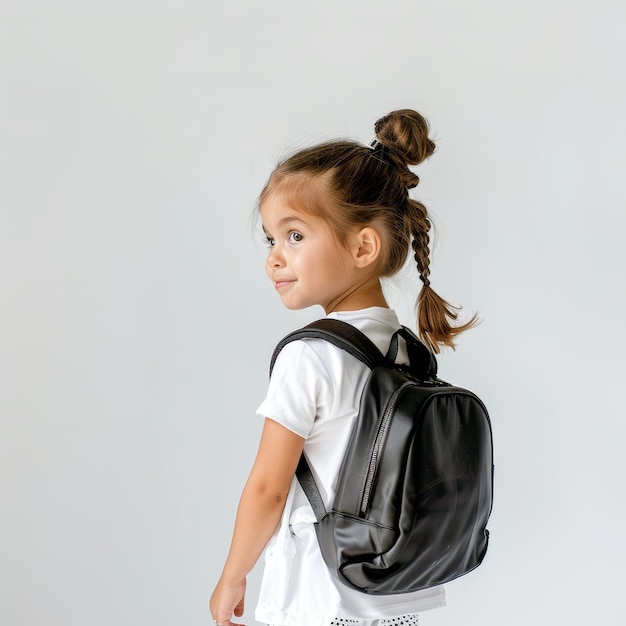 Photo a girl with a pony tail is wearing a black backpack