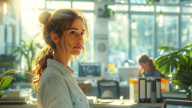 Photo a girl with a ponytail stands in front of a window with a man in the background