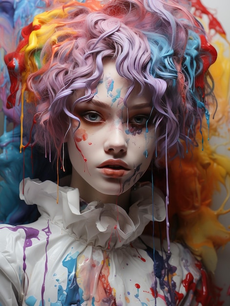 girl with a pretty face white makeup and colorful hair