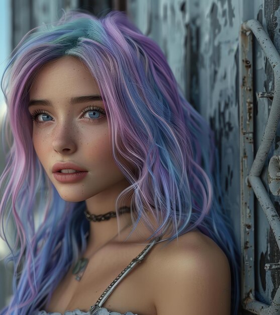 Photo a girl with purple and blue hair and a necklace with a sign that says  she is wearing a necklace