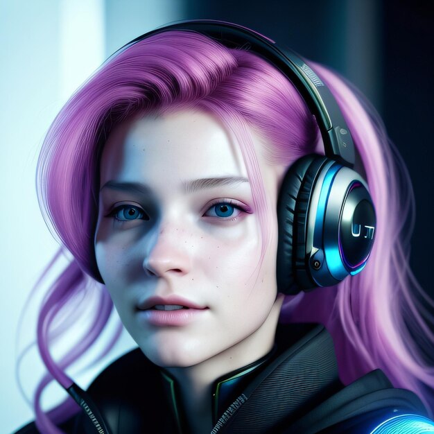 A girl with purple hair and a black jacket is wearing headphones.