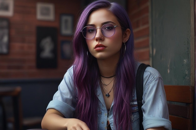 a girl with purple hair and glasses is sitting at a table