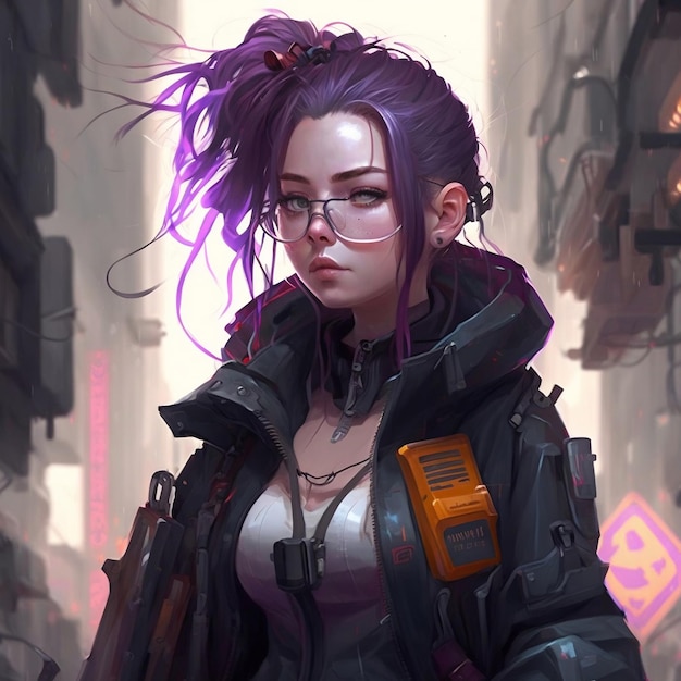 A girl with purple hair and glasses stands in a dark city.