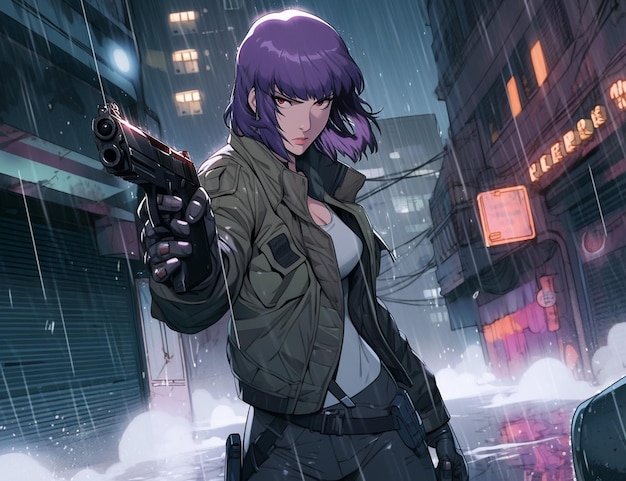 A girl with purple hair holding a gun in the rain