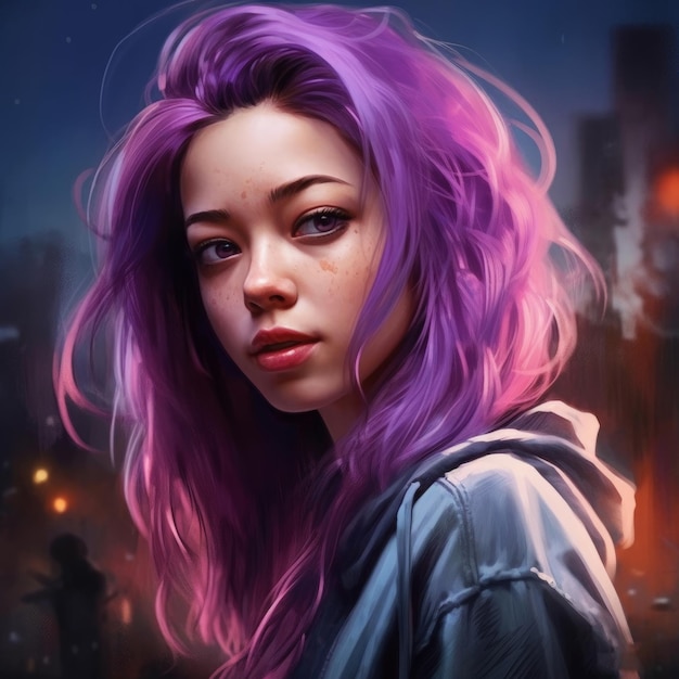 A girl with purple hair and a hoodie