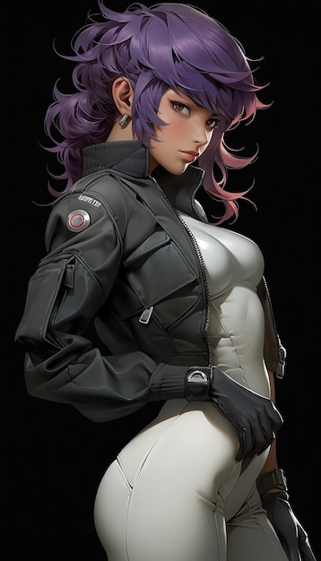 A girl with purple hair and a jacket