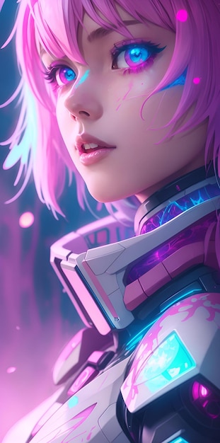 A girl with a purple hair and a pink hair looks into the distance.