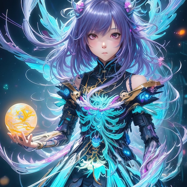 A girl with purple hair and purple hair holding a glowing moon.