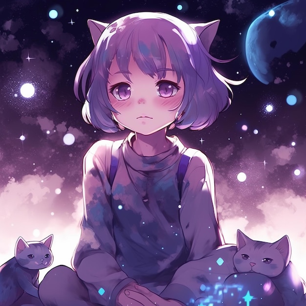 A girl with purple hair sitting with two cats