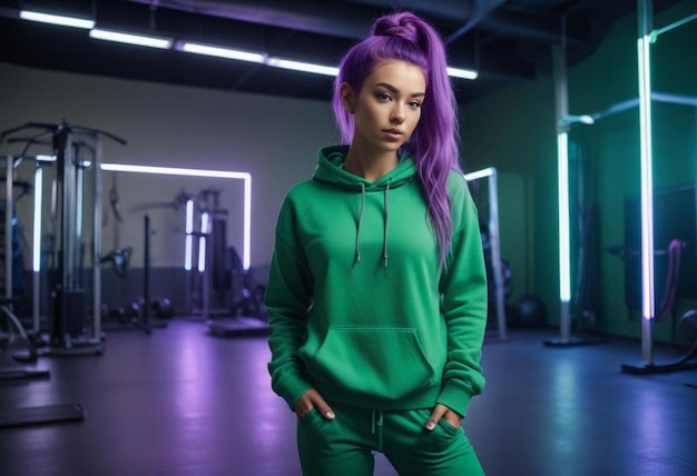 Photo a girl with purple hair stands in a gym with a green hoodie