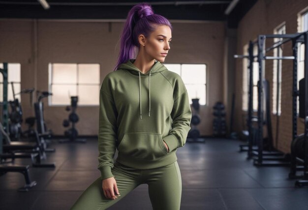 Photo a girl with purple hair stands in a gym with a purple ponytail