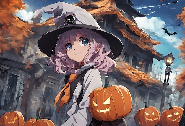 a girl with purple hair and a witch hat is standing in front of a building with pumpkins on it