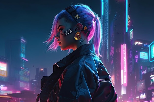 A girl with a purple headband and a neon city on her head