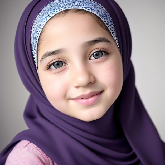 A girl with a purple scarf on her head and a pink shirt with a blue pattern on it.