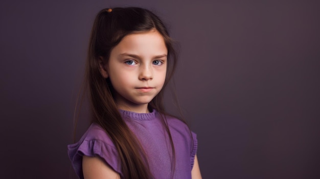 A girl with a purple shirt on stands against a dark background.